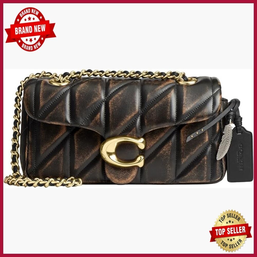 Quilted Leather Shoulder Bag with Chain Strap, Pushlock Closure, Magnetic